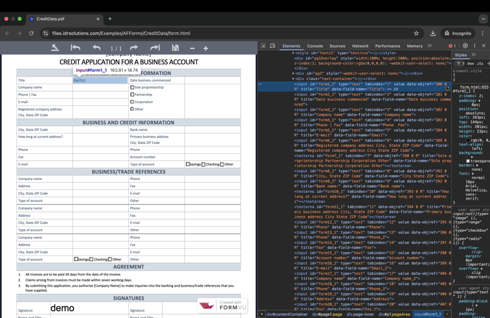 screenshot of how converted forms are embedded