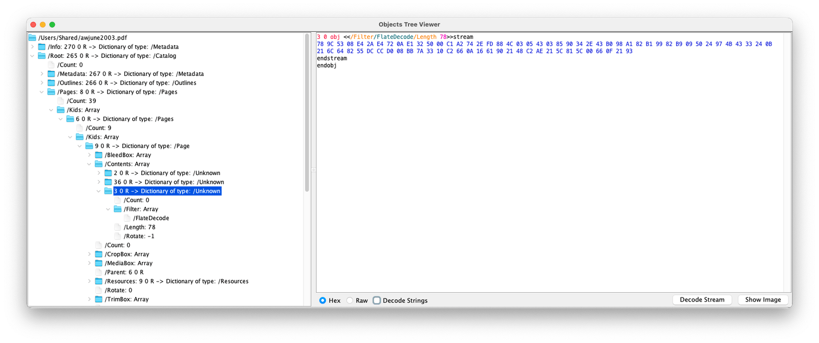 JPedal PDF Inspector showing the COS object tree of a PDF file