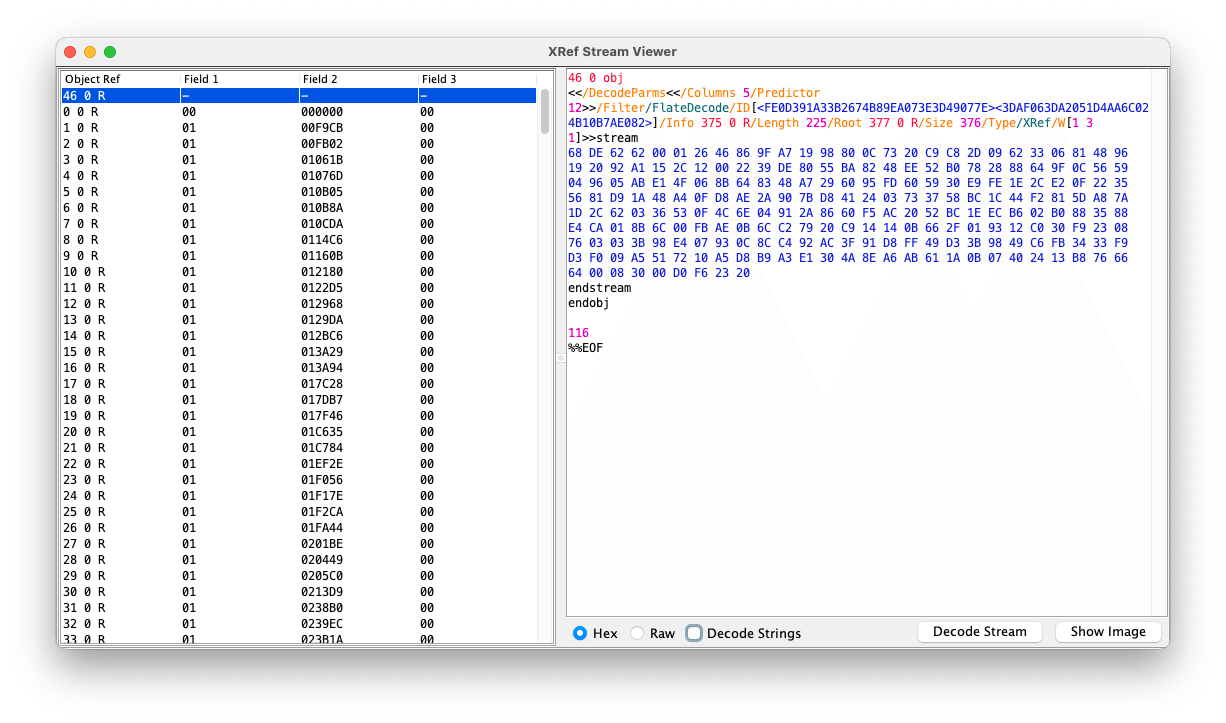 JPedal PDF Inspector showing XRef stream entries and compressed objects