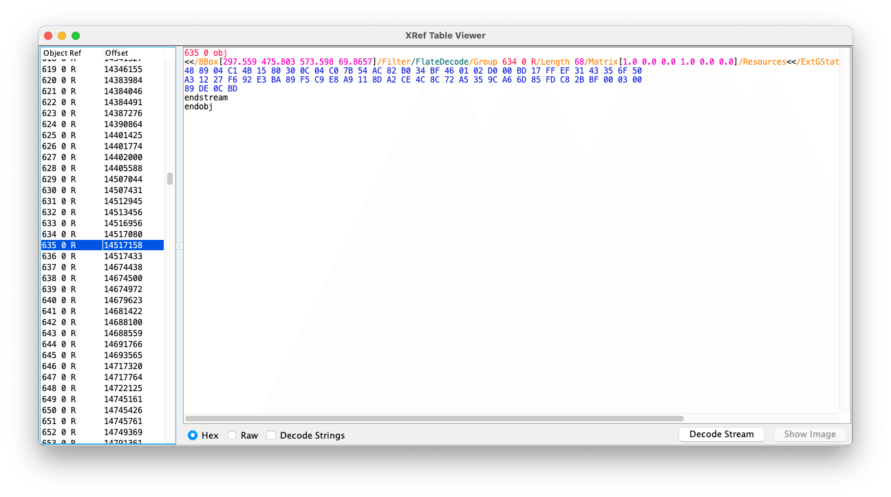 JPedal PDF Inspector showing XRef table entries and their objects