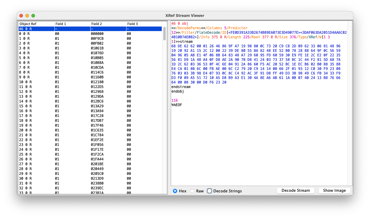 JPedal PDF Inspector showing XRef stream entries and compressed objects