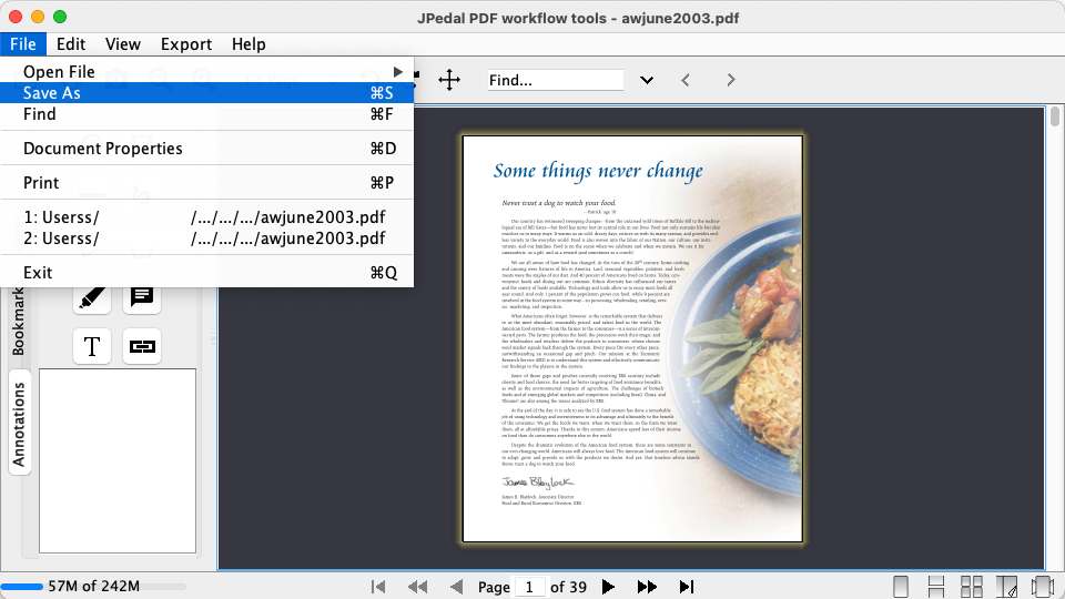 JPedal Viewer with the save menu item visible