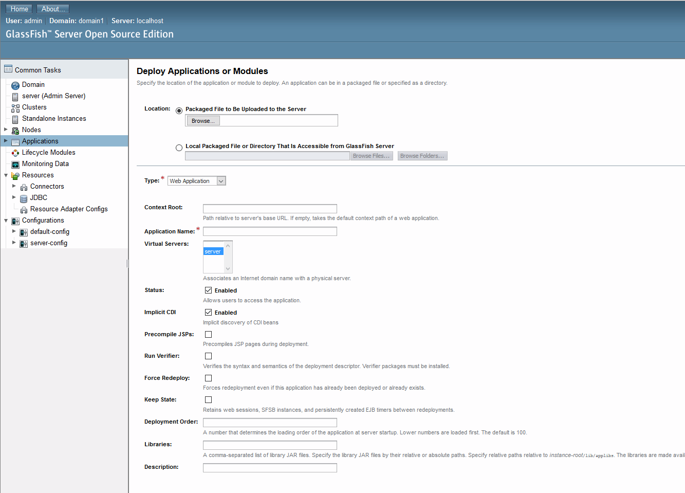 Glassfish Deploy Applications page