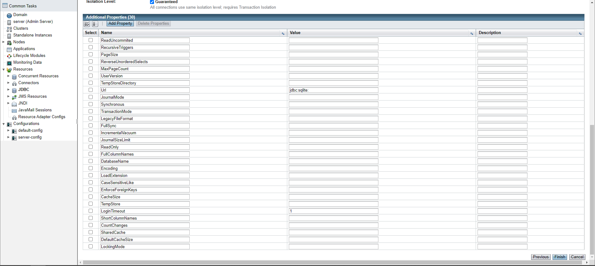The glassfish JDBC New Connection Pool page 2 additional properties