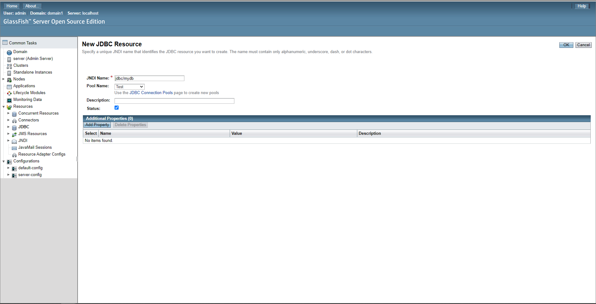 The glassfish JDBC New Resource page
