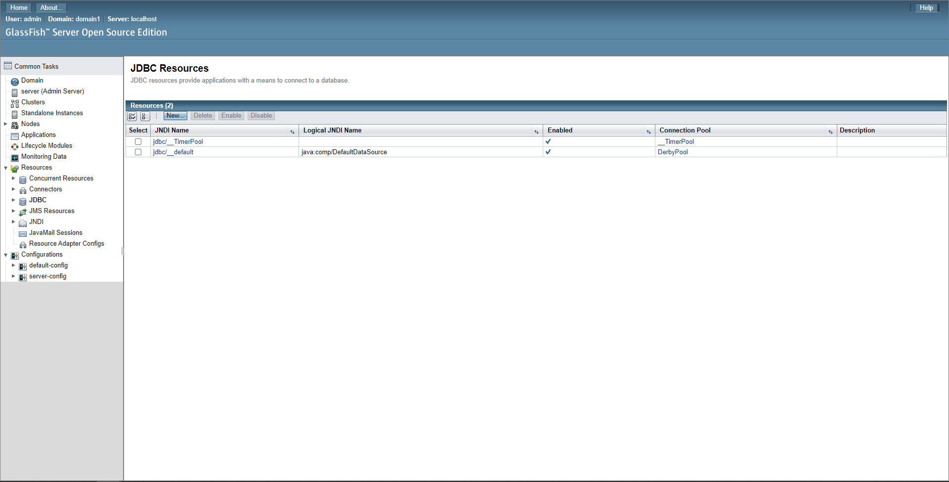 The glassfish JDBC Resources page