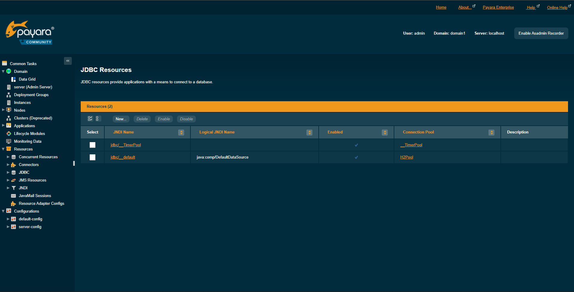 The Payara JDBC Resources page